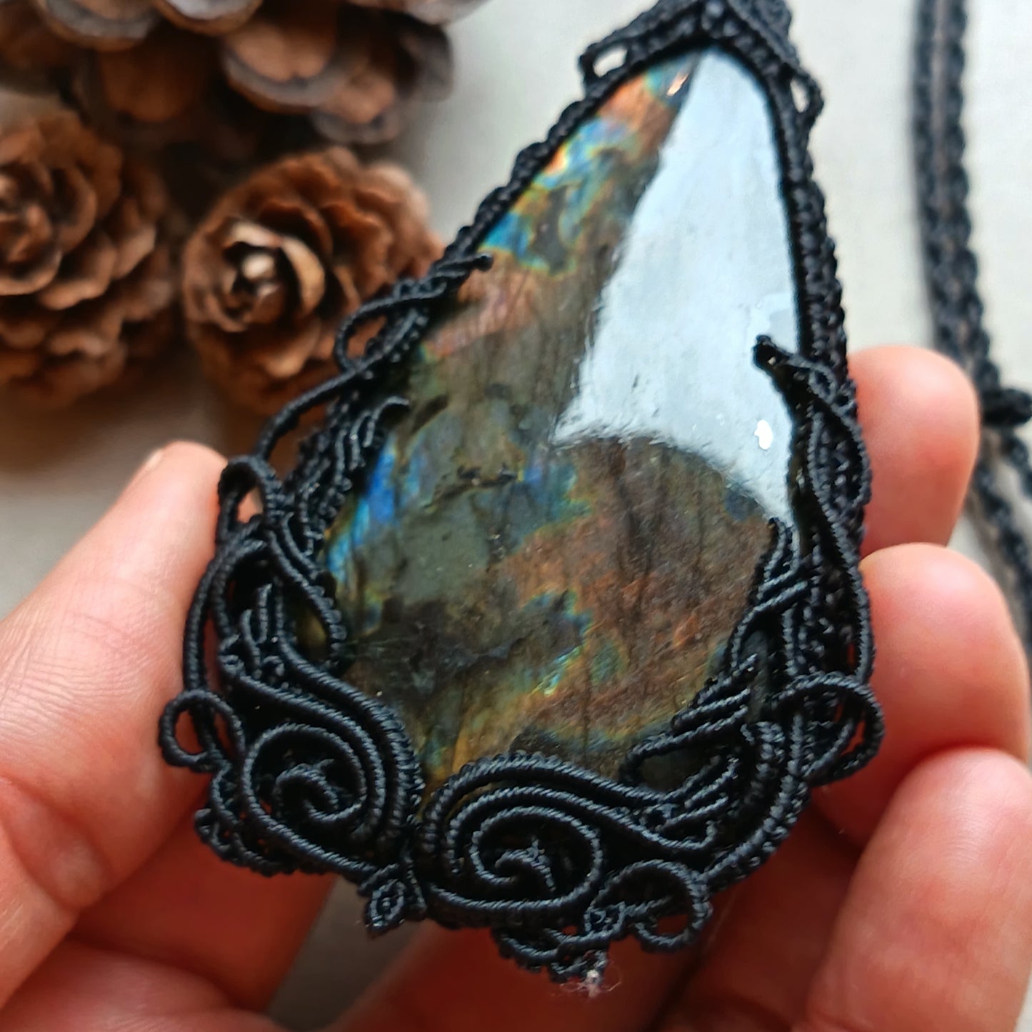 Kranok Plaew | Labradorite Macrame Necklace | Freehand Design | Pendant size approx 9.5 cm