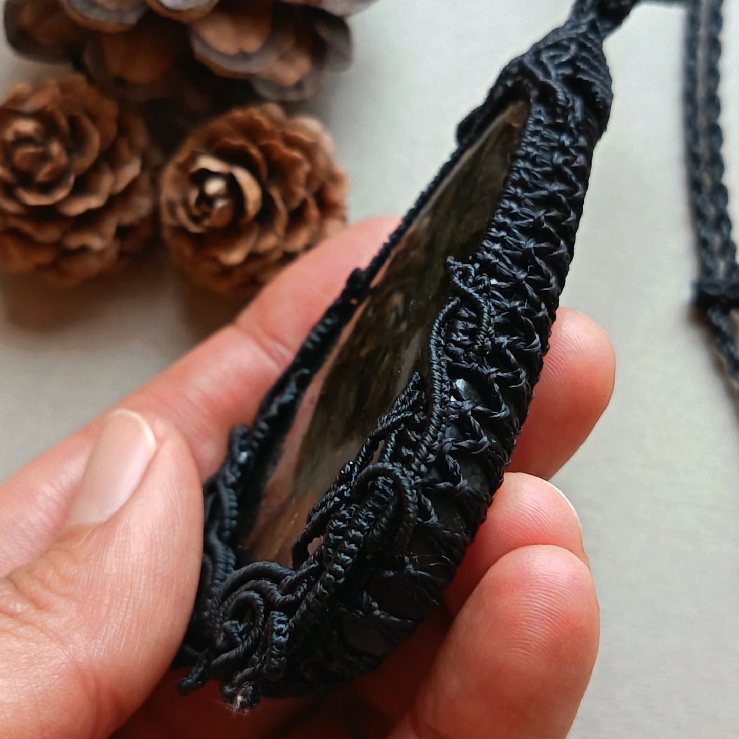 Kranok Plaew | Labradorite Macrame Necklace | Freehand Design | Pendant size approx 9.5 cm