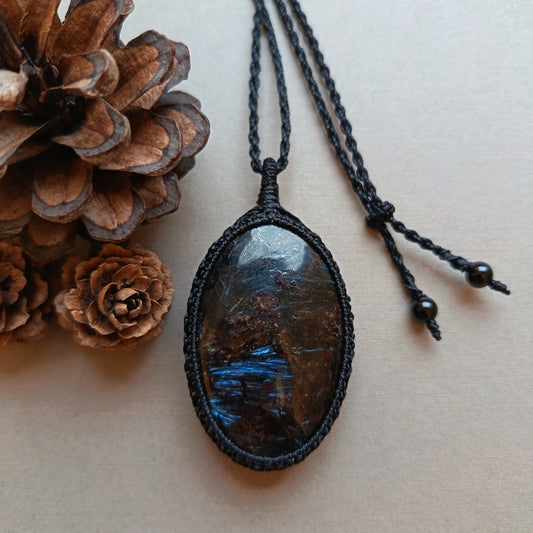 Arfvedsonite Macrame Necklace | Pendant size approx 7 cm - SOLD