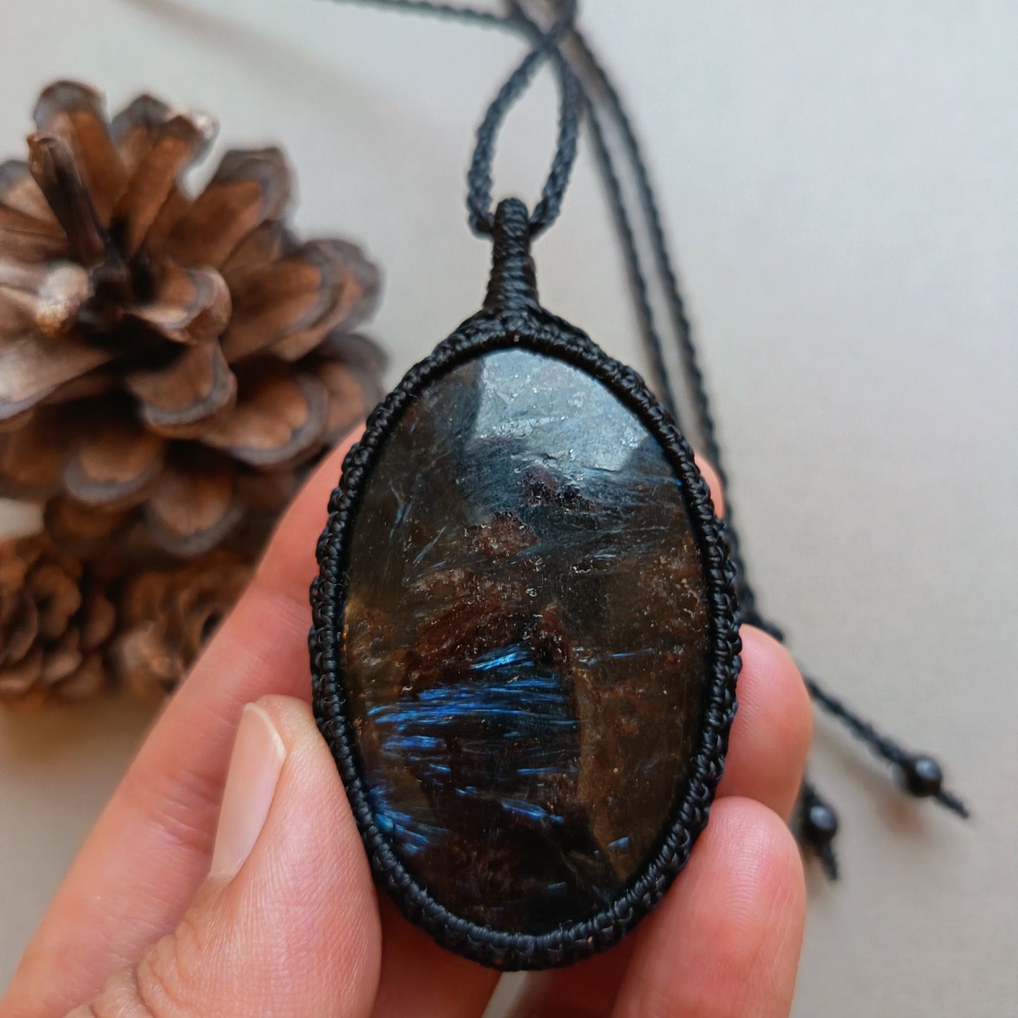 Arfvedsonite Macrame Necklace | Pendant size approx 7 cm - SOLD