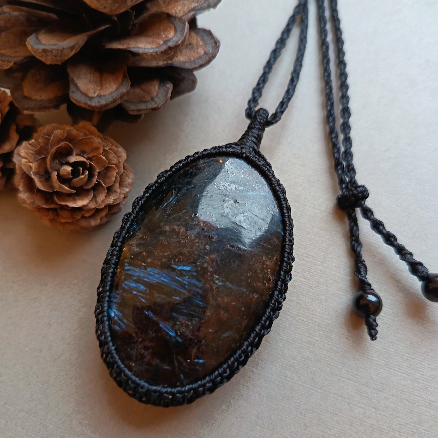 Arfvedsonite Macrame Necklace | Pendant size approx 7 cm - SOLD