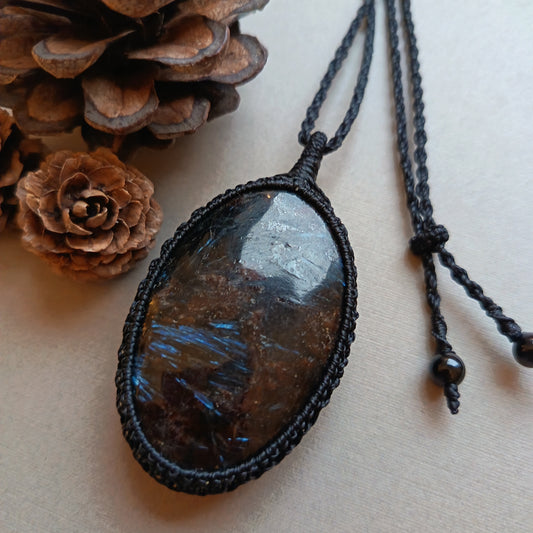 Arfvedsonite Macrame Necklace | Pendant size approx 7 cm