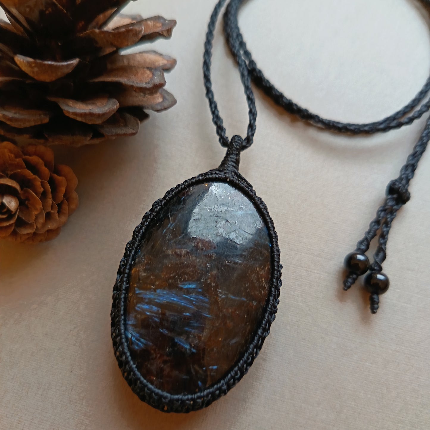 Arfvedsonite Macrame Necklace | Pendant size approx 7 cm - SOLD