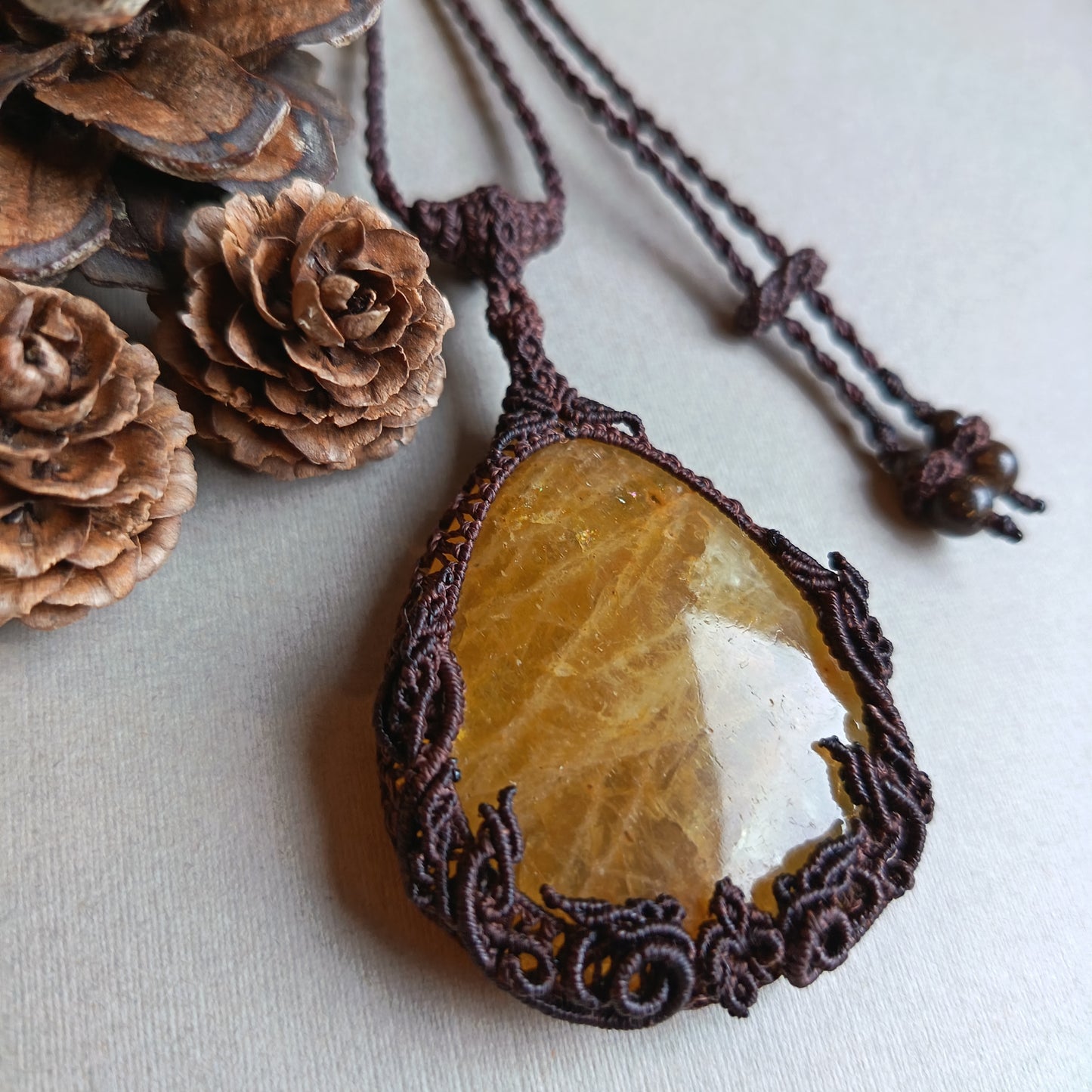 Tawan | Yellow Beryl (Golden Beryl / Heliodor) Macrame Necklace | Freehand Design | Pendant size approx 6.4 cm - SOLD