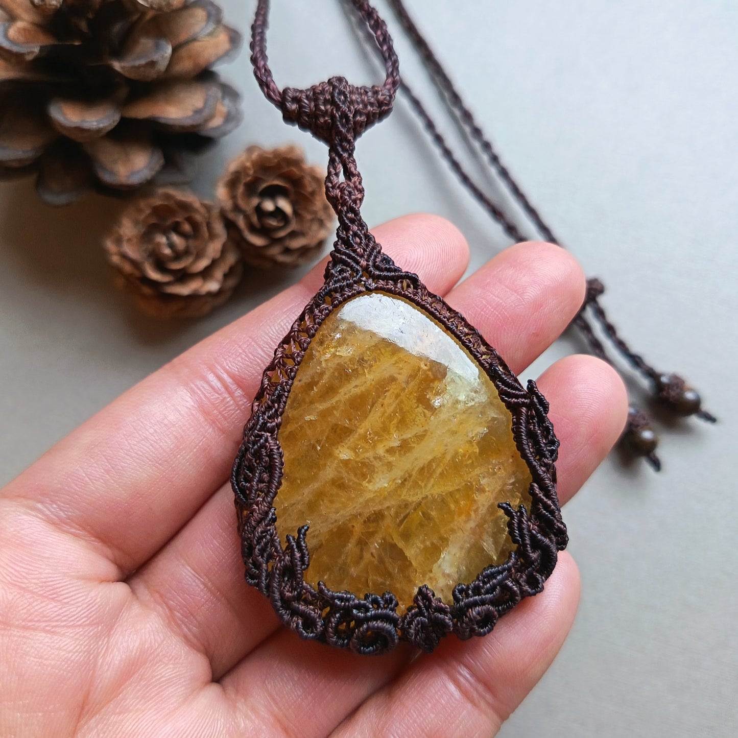 Tawan | Yellow Beryl (Golden Beryl / Heliodor) Macrame Necklace | Freehand Design | Pendant size approx 6.4 cm - SOLD