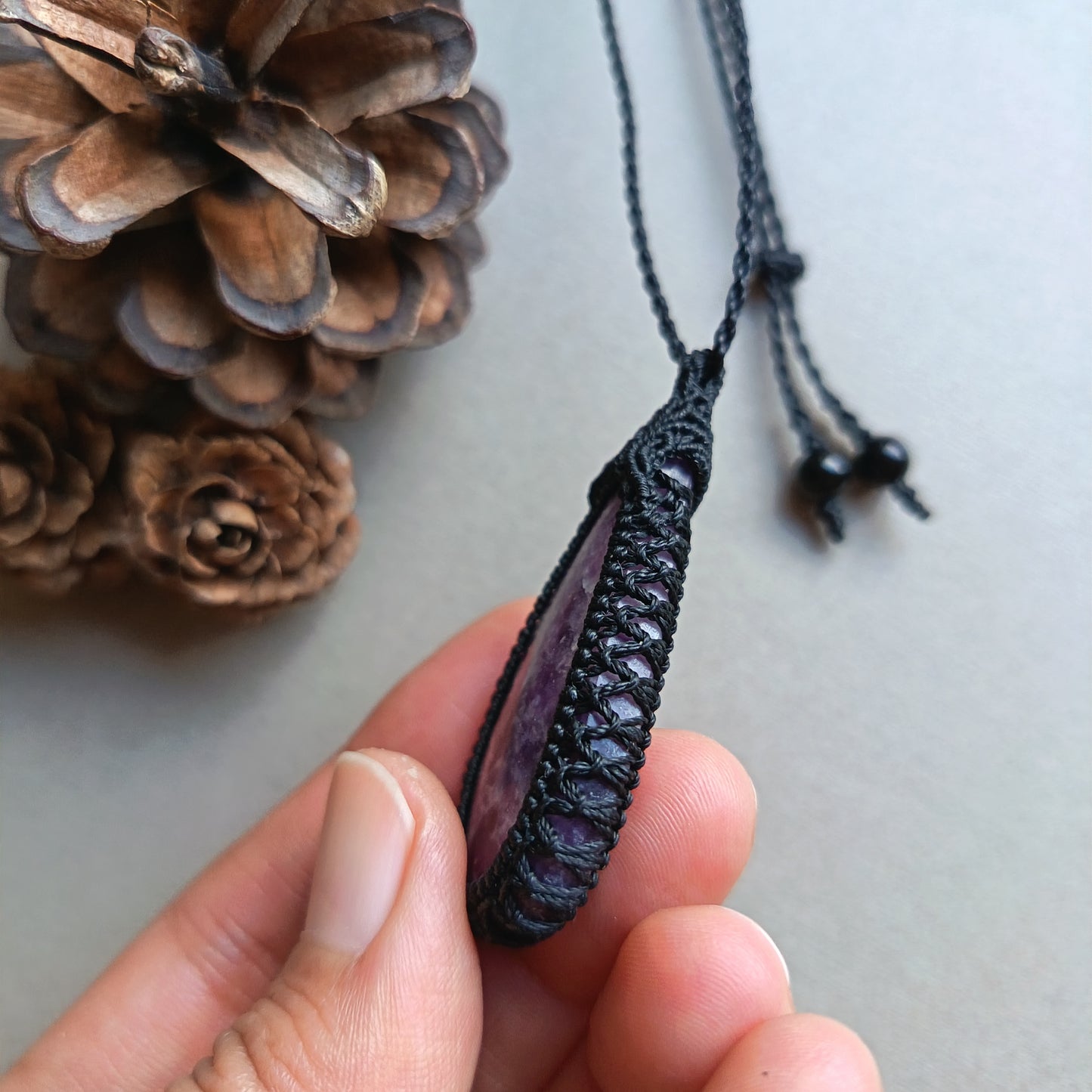 Lepidolite Macrame Necklace | Pendant size 5.2 cm