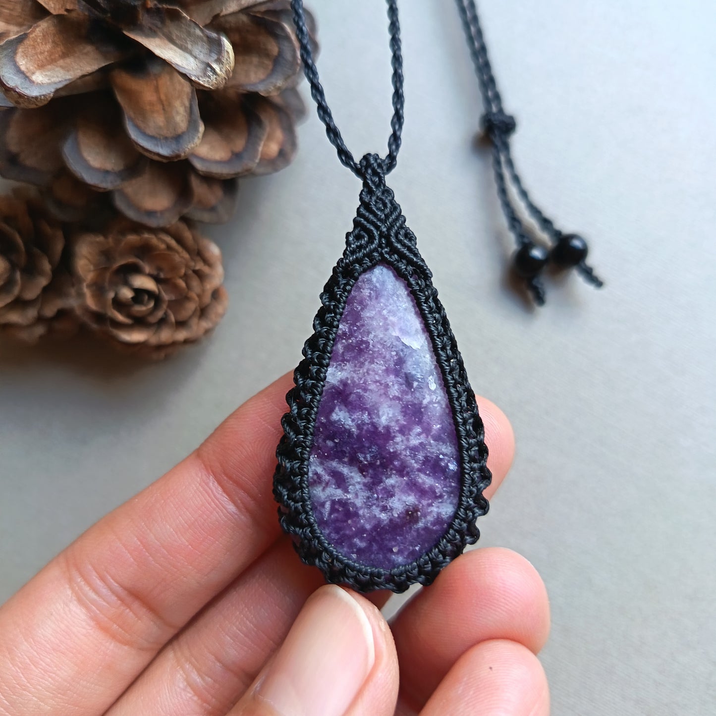 Lepidolite Macrame Necklace | Pendant size 5.2 cm