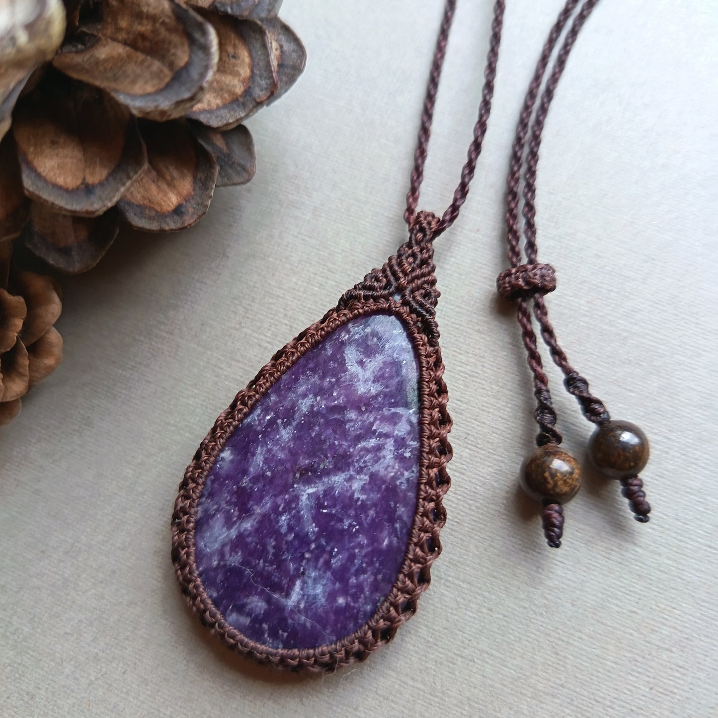 Lepidolite Macrame Necklace | Pendant size approx 5.6 cm