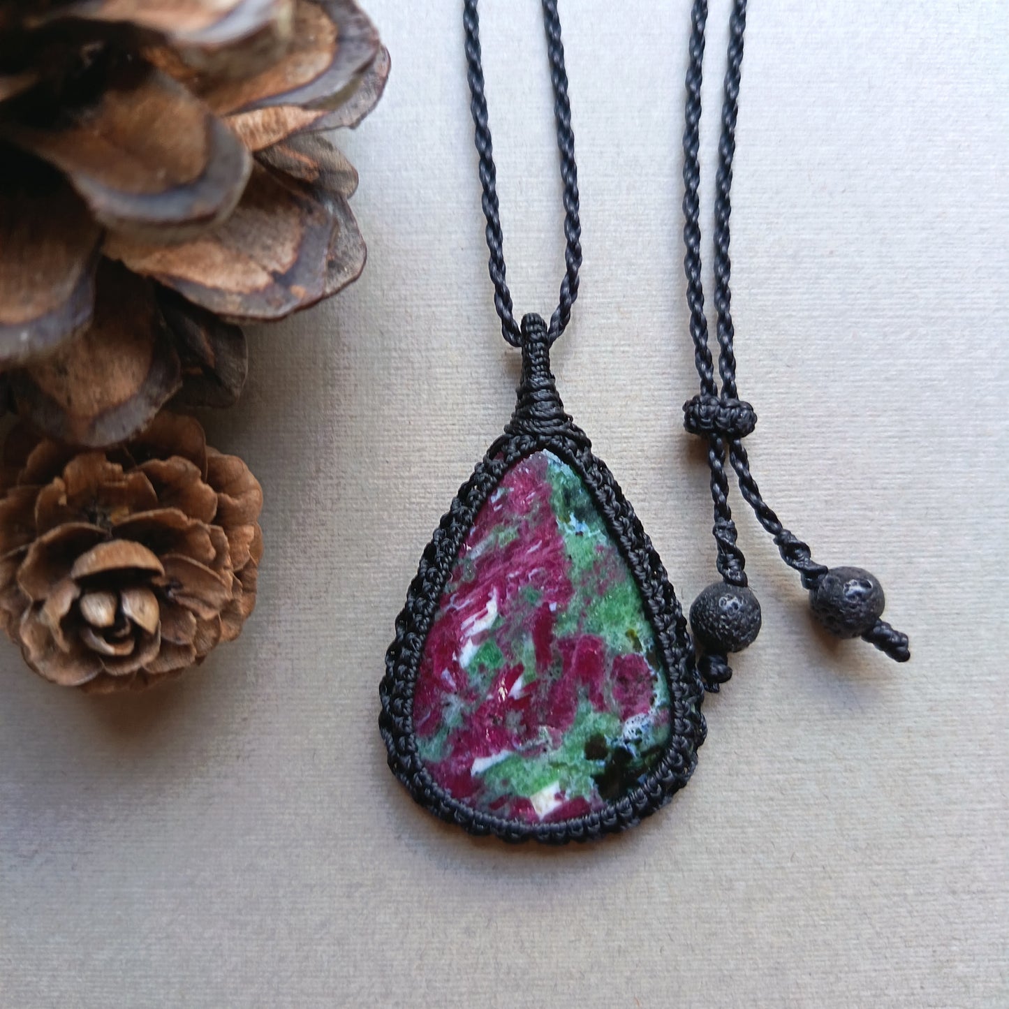Ruby Zoisite Macrame Necklace | Pendant size 4.9 cm