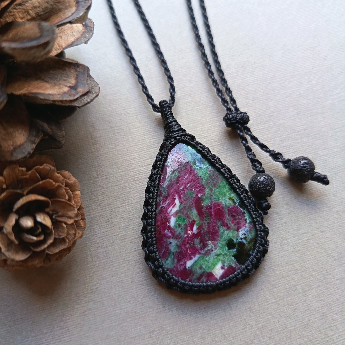 Ruby Zoisite Macrame Necklace | Pendant size 4.9 cm