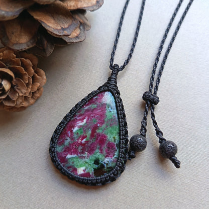 Ruby Zoisite Macrame Necklace | Pendant size 4.9 cm