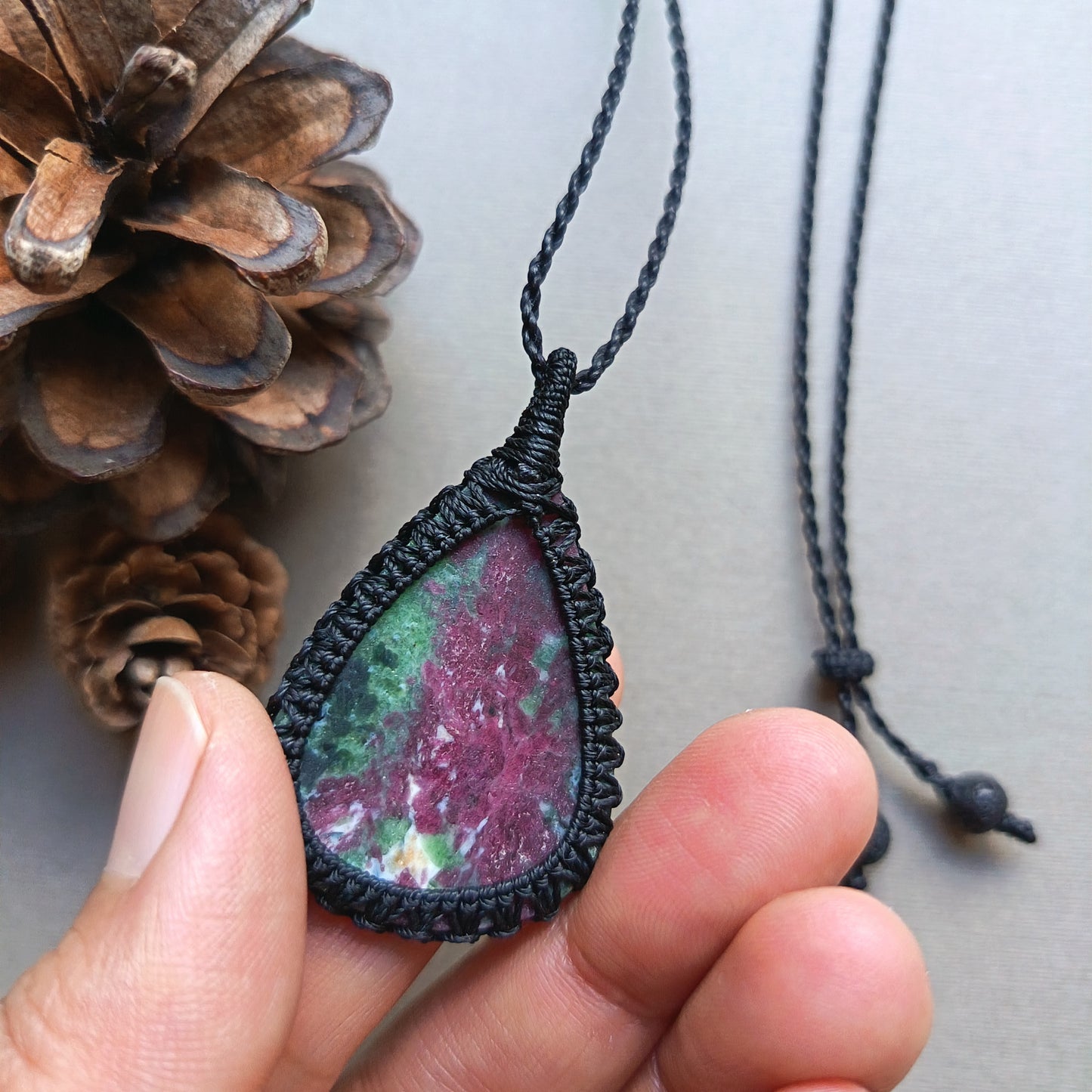 Ruby Zoisite Macrame Necklace | Pendant size 4.9 cm