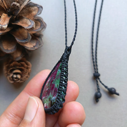 Ruby Zoisite Macrame Necklace | Pendant size 4.9 cm