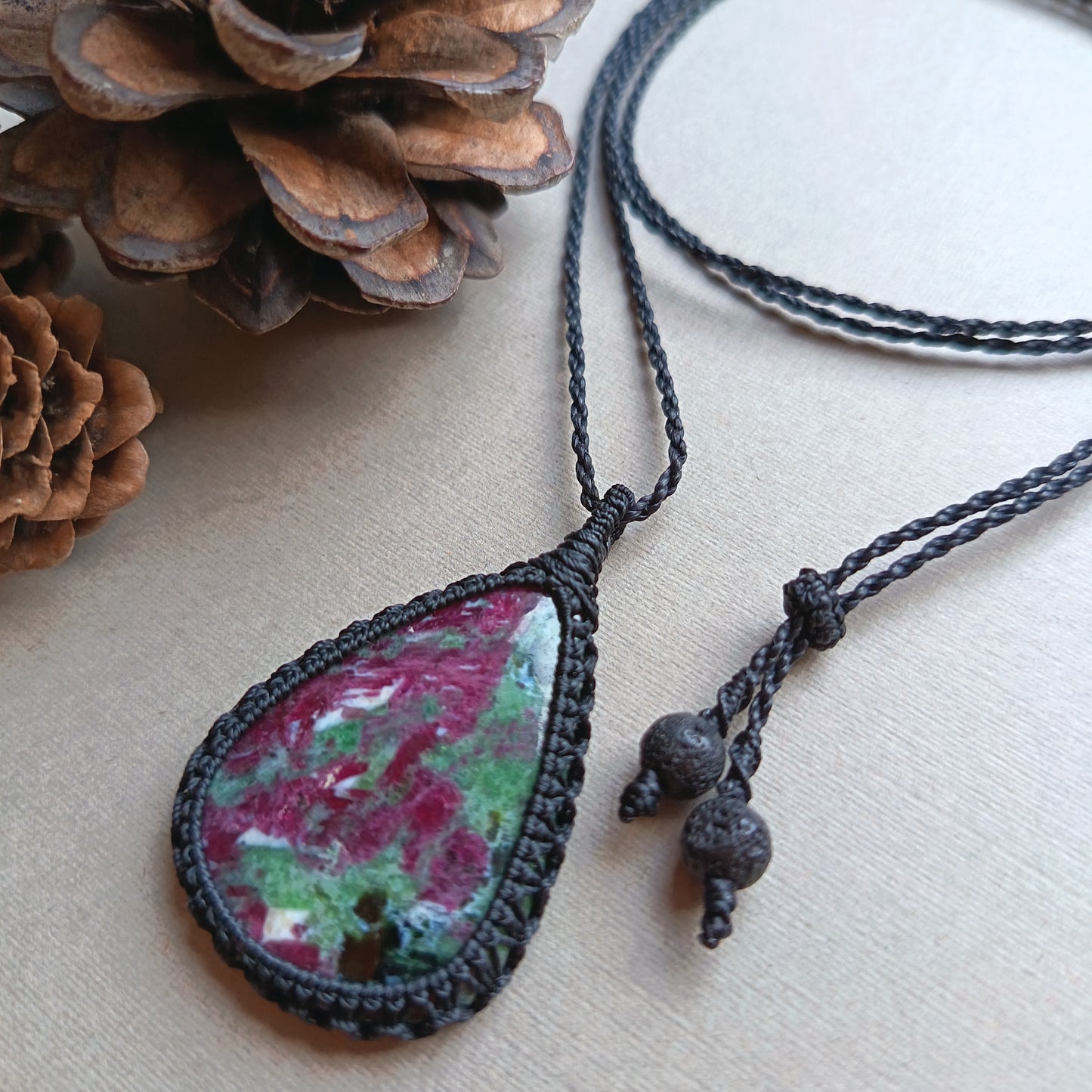 Ruby Zoisite Macrame Necklace | Pendant size 4.9 cm