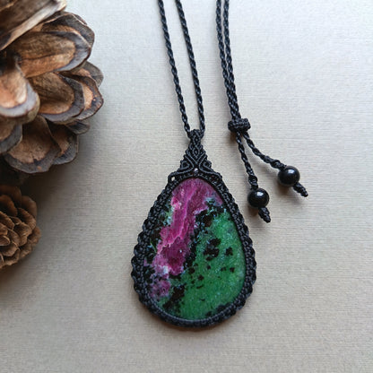 Ruby Zoisite Macrame Necklace | Pendant size approx 5.6 cm