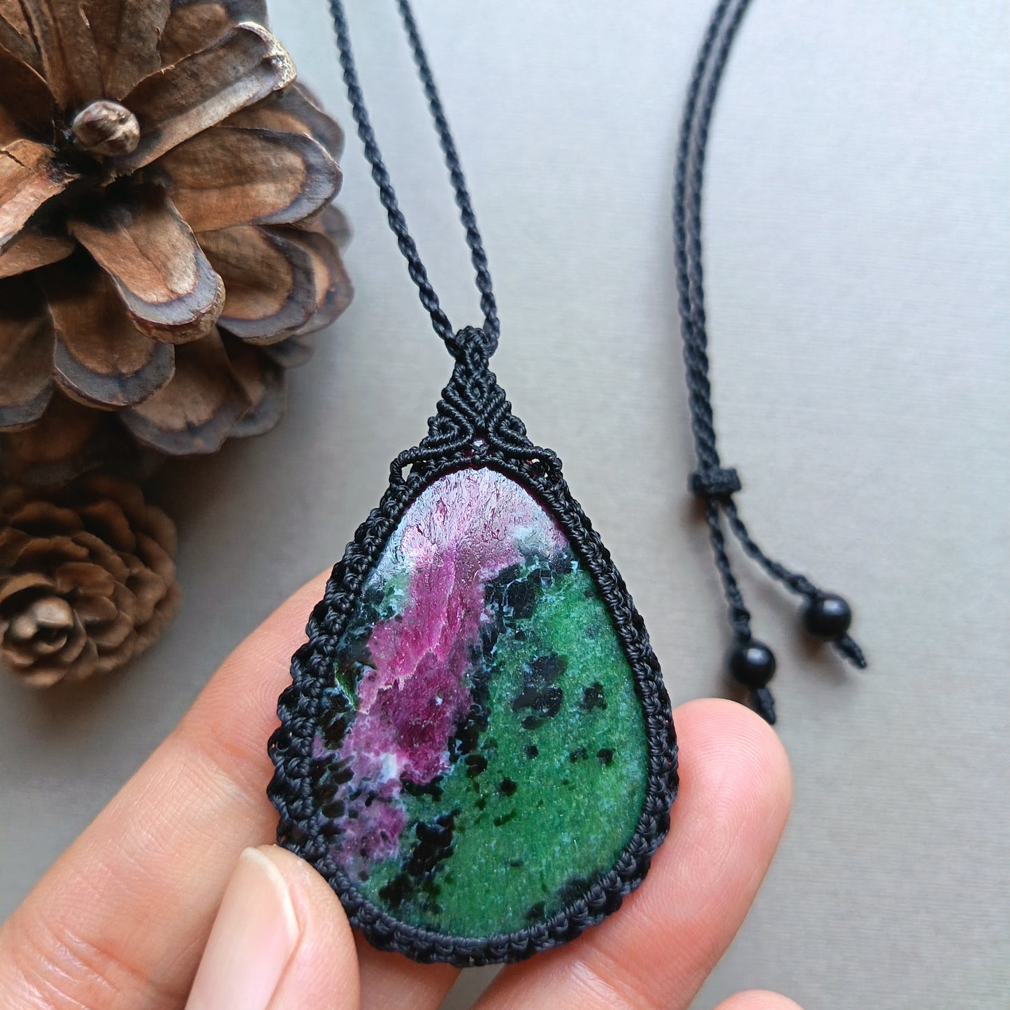 Ruby Zoisite Macrame Necklace | Pendant size approx 5.6 cm