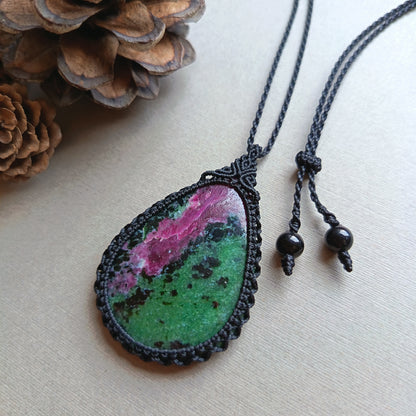Ruby Zoisite Macrame Necklace | Pendant size approx 5.6 cm