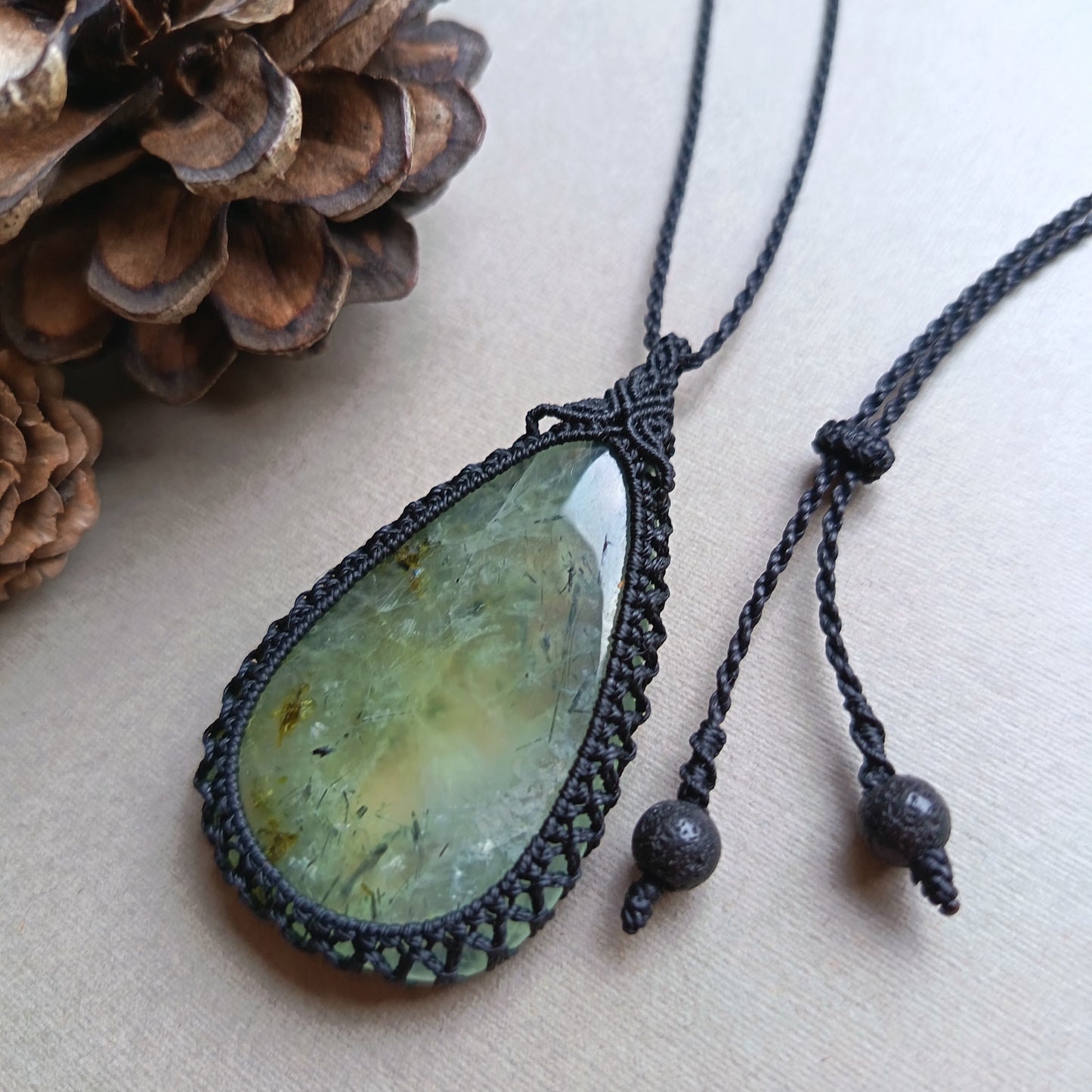 Prehnite Macrame Necklace | Pendant size approx 6 cm