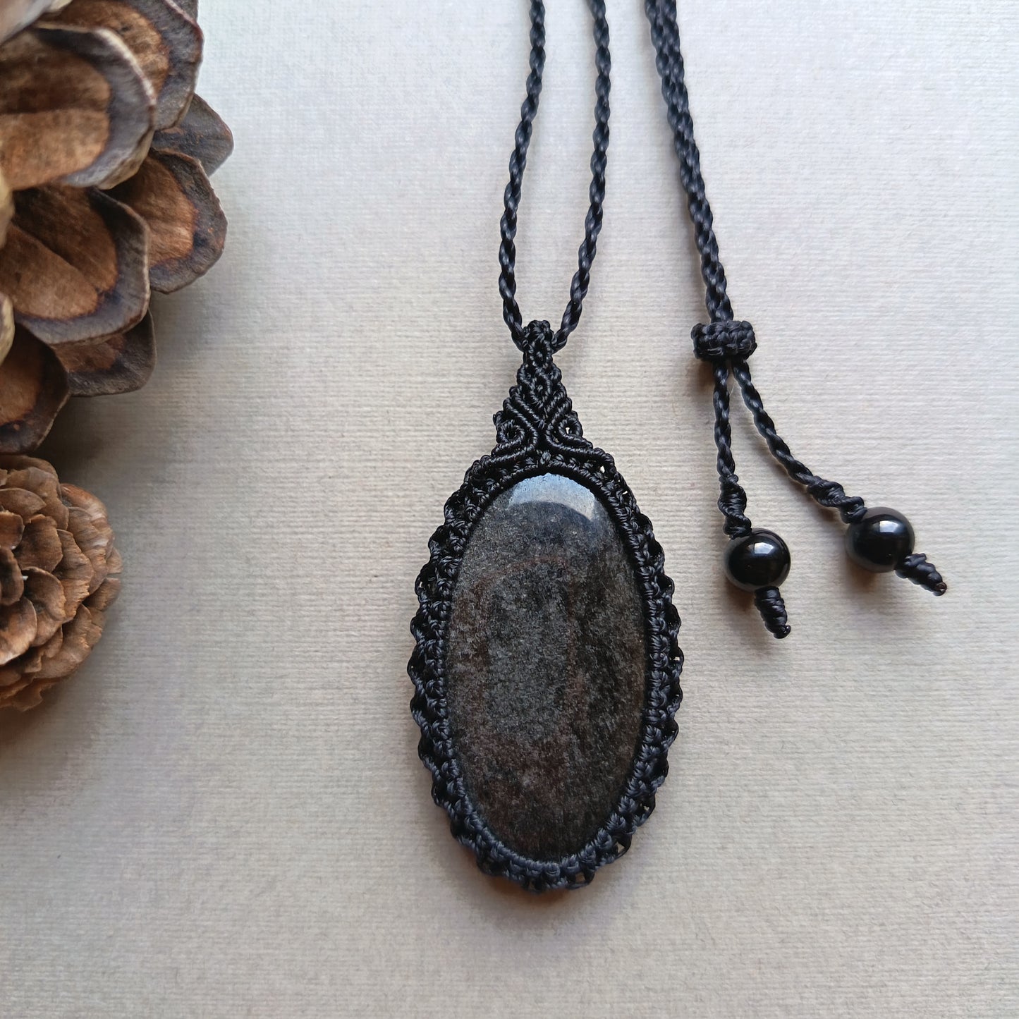 Silver Sheen Obsidian Macrame Necklace | Pendant size 5.3 cm
