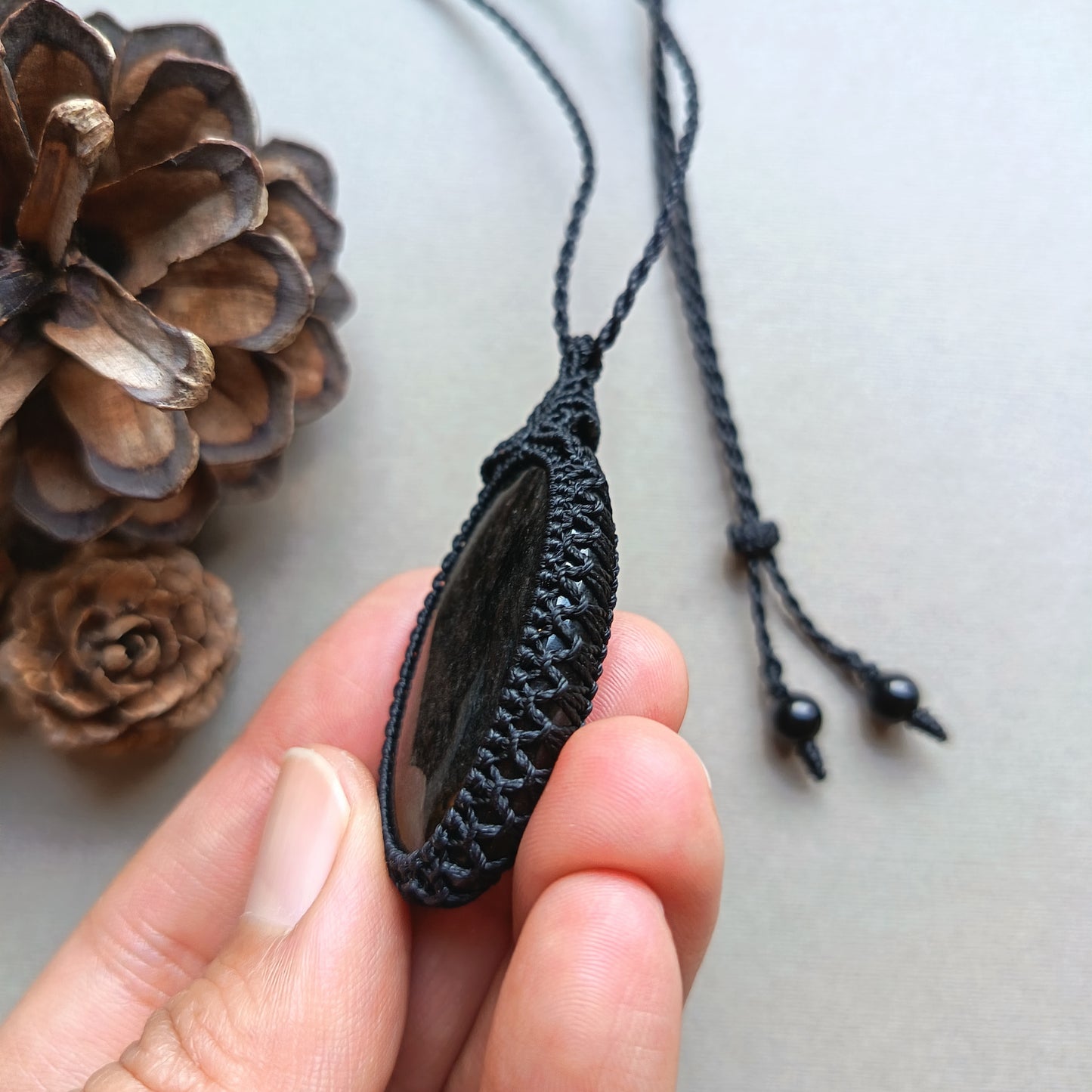 Silver Sheen Obsidian Macrame Necklace | Pendant size 5.3 cm