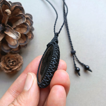 Silver Sheen Obsidian Macrame Necklace | Pendant size 5.3 cm