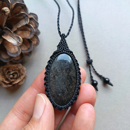 Silver Sheen Obsidian Macrame Necklace | Pendant size 5.3 cm