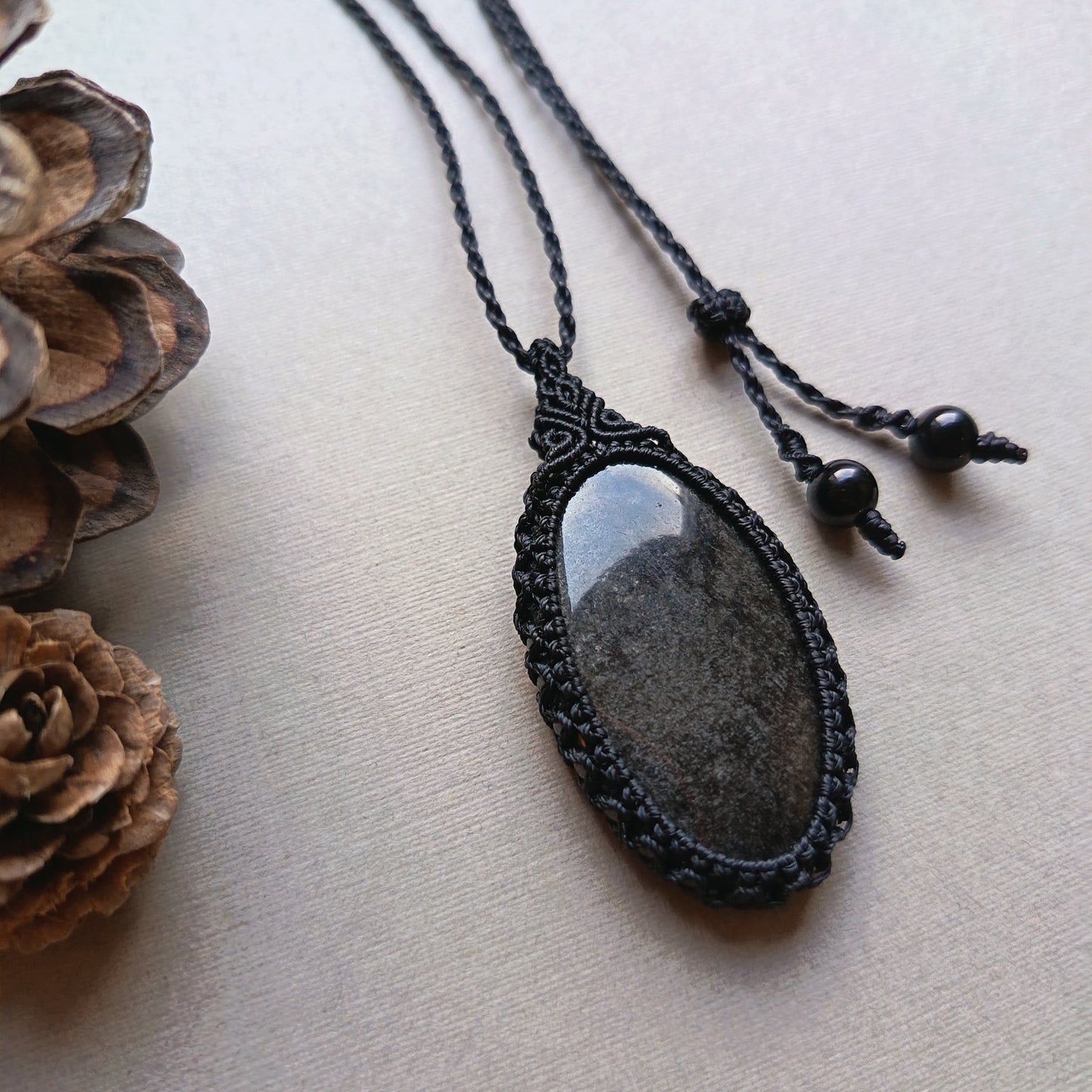 Silver Sheen Obsidian Macrame Necklace | Pendant size 5.3 cm