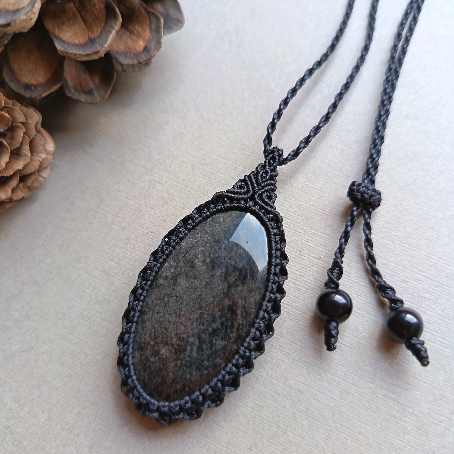 Silver Sheen Obsidian Macrame Necklace | Pendant size 5.3 cm