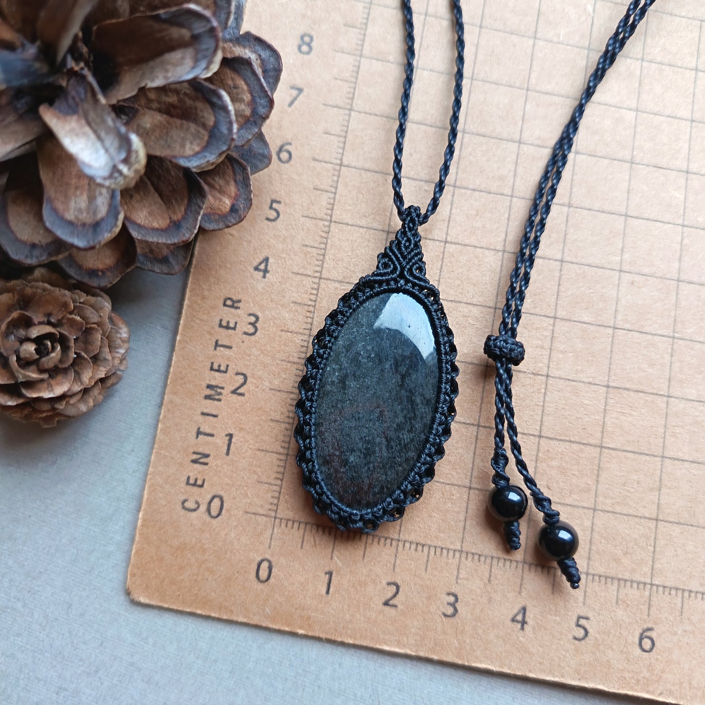 Silver Sheen Obsidian Macrame Necklace | Pendant size 5.3 cm