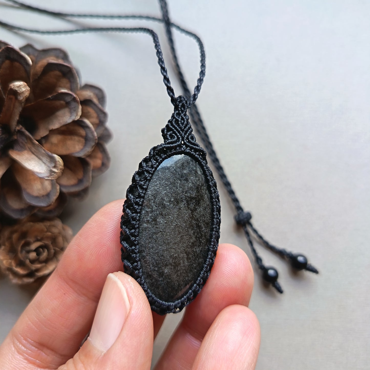Silver Sheen Obsidian Macrame Necklace | Pendant size 5.3 cm
