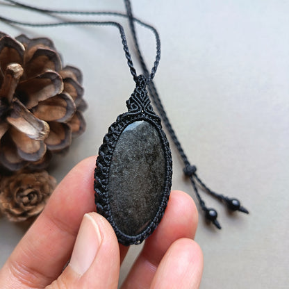 Silver Sheen Obsidian Macrame Necklace | Pendant size 5.3 cm