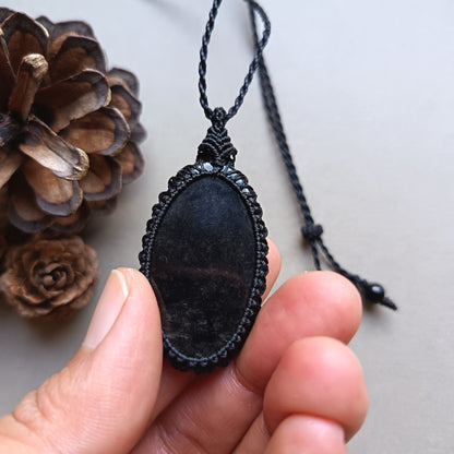 Silver Sheen Obsidian Macrame Necklace | Pendant size 5.3 cm