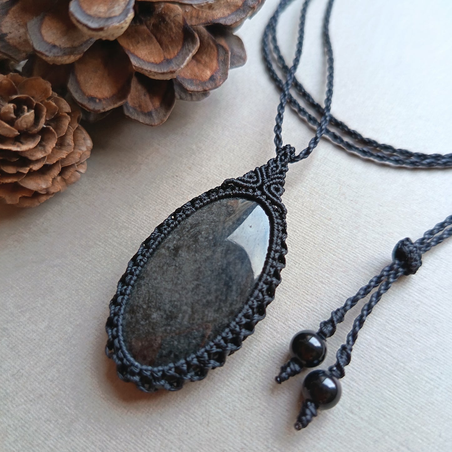 Silver Sheen Obsidian Macrame Necklace | Pendant size 5.3 cm