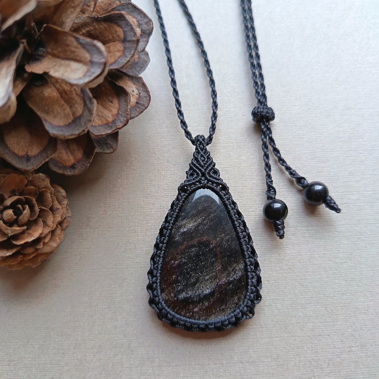 Silver Sheen Obsidian Macrame Necklace | Pendant size approx 4.8 cm