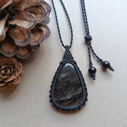 Silver Sheen Obsidian Macrame Necklace | Pendant size approx 4.8 cm