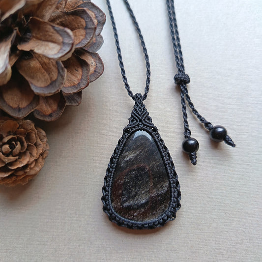 Silver Sheen Obsidian Macrame Necklace | Pendant size approx 4.8 cm