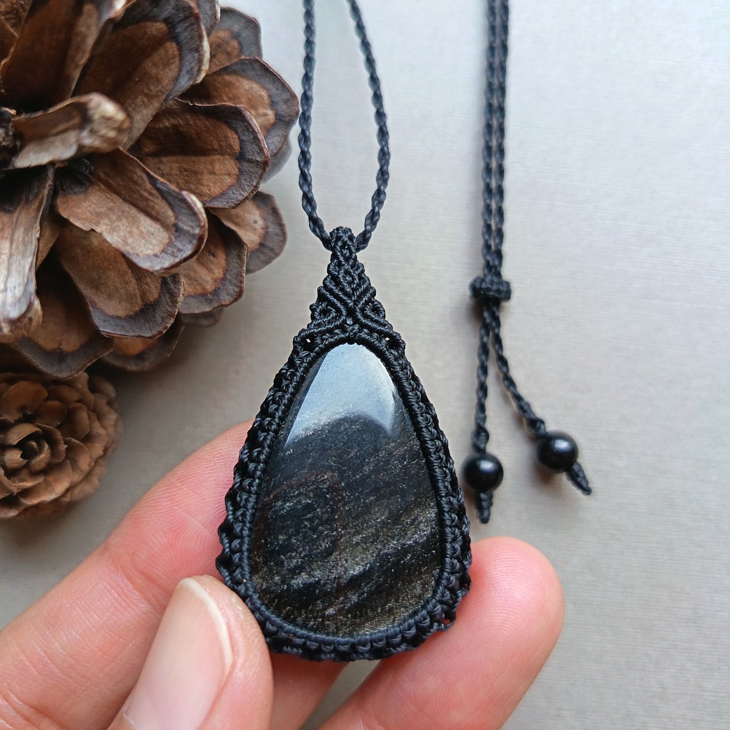 Silver Sheen Obsidian Macrame Necklace | Pendant size approx 4.8 cm