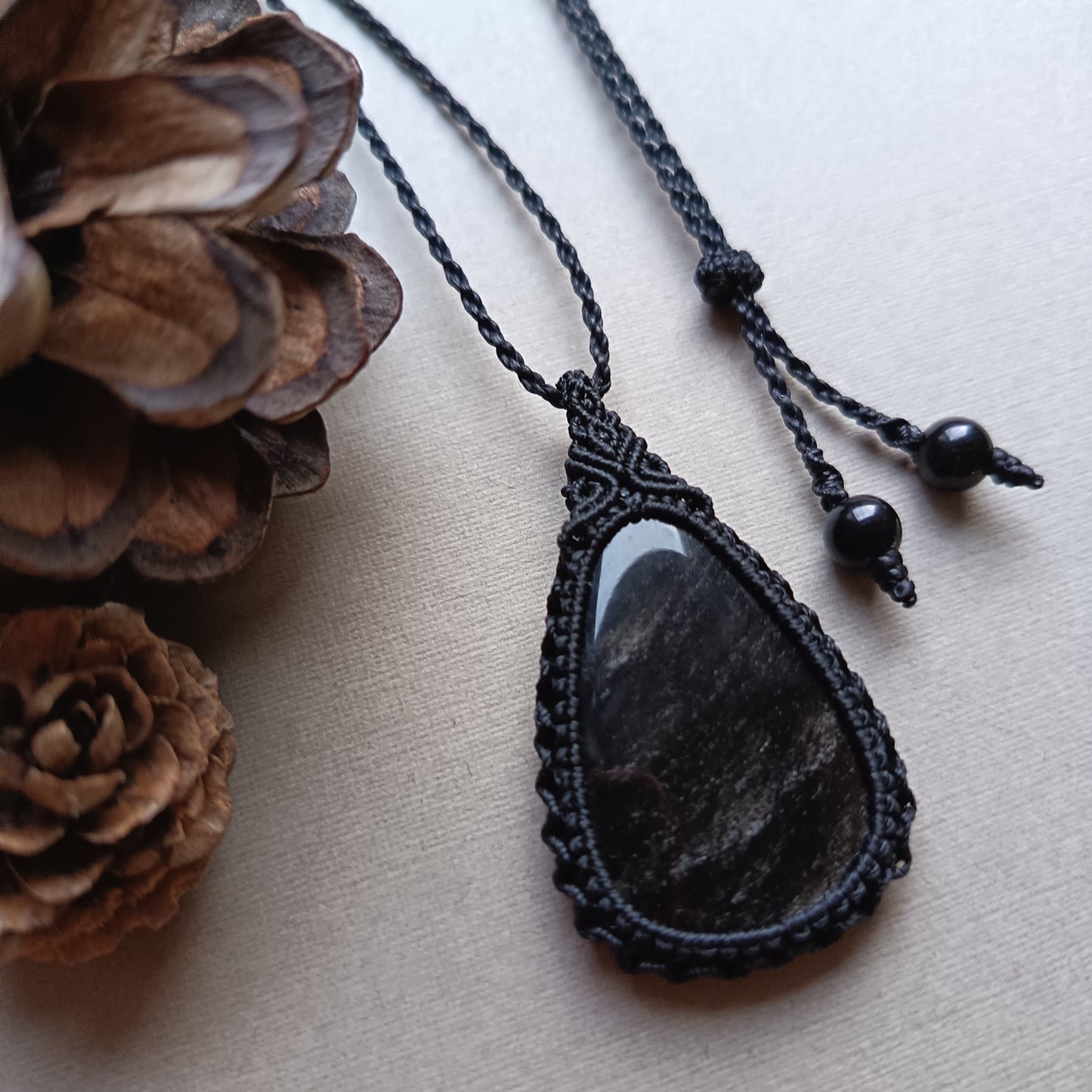 Silver Sheen Obsidian Macrame Necklace | Pendant size approx 4.8 cm