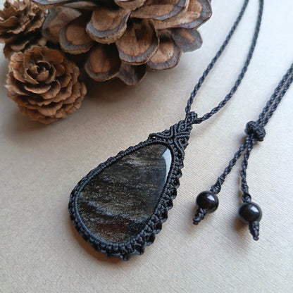 Silver Sheen Obsidian Macrame Necklace | Pendant size approx 4.8 cm