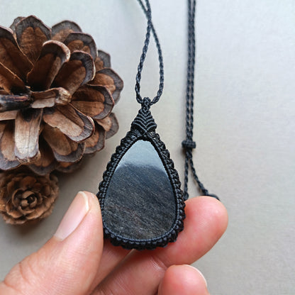 Silver Sheen Obsidian Macrame Necklace | Pendant size approx 4.8 cm