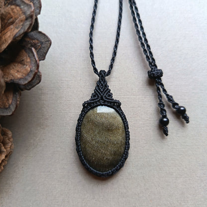 Golden Sheen Obsidian Macrame Necklace | Pendant size approx 4.3 cm