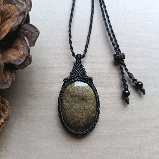 Golden Sheen Obsidian Macrame Necklace | Pendant size approx 4.3 cm