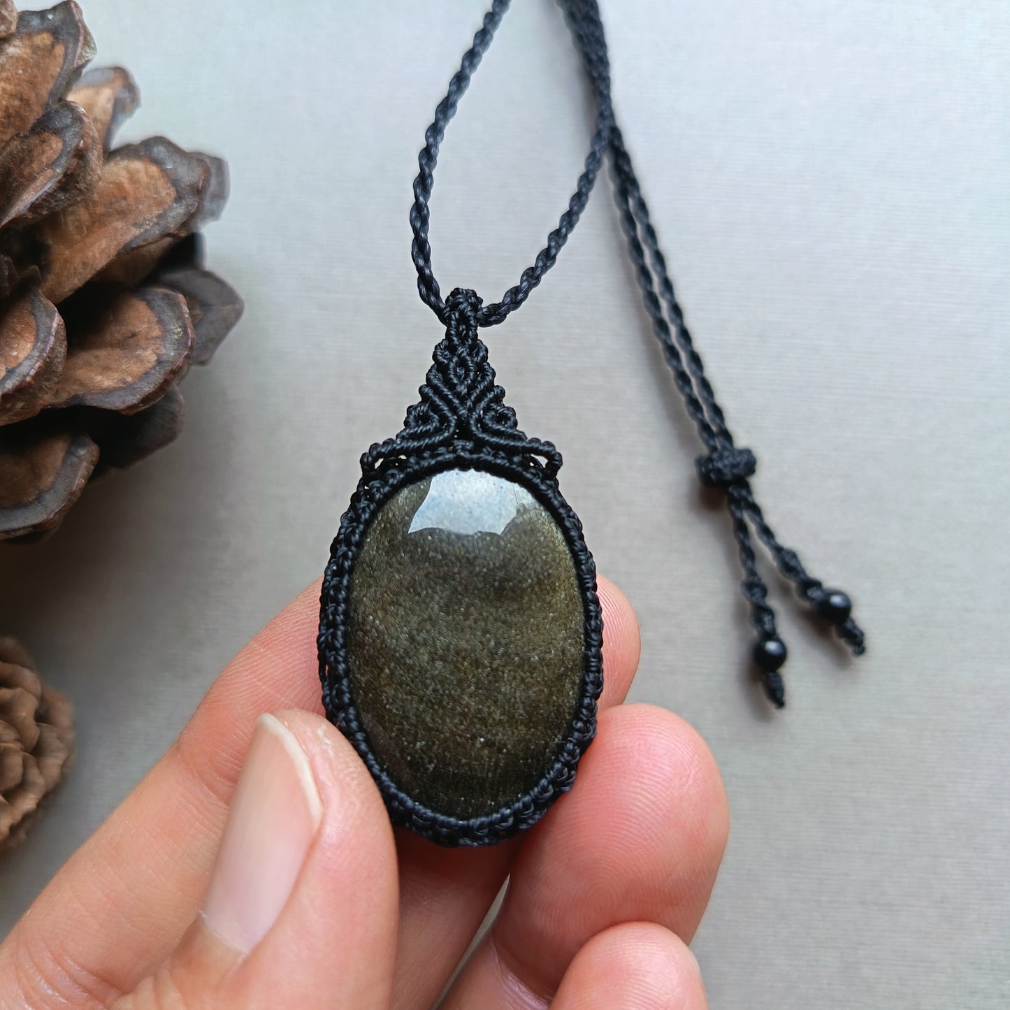 Golden Sheen Obsidian Macrame Necklace | Pendant size approx 4.3 cm