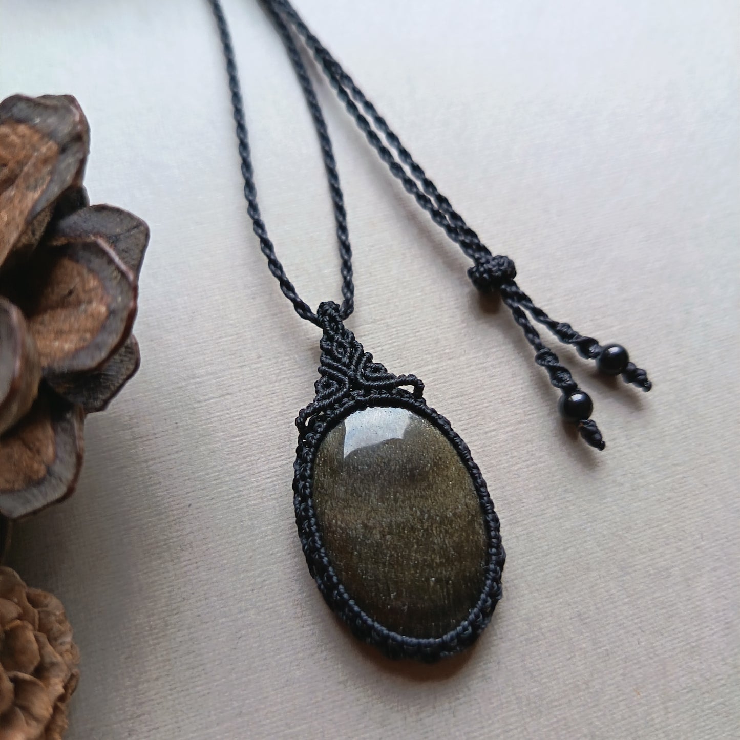 Golden Sheen Obsidian Macrame Necklace | Pendant size approx 4.3 cm