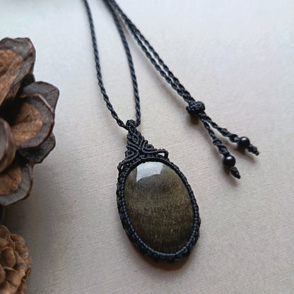 Golden Sheen Obsidian Macrame Necklace | Pendant size approx 4.3 cm