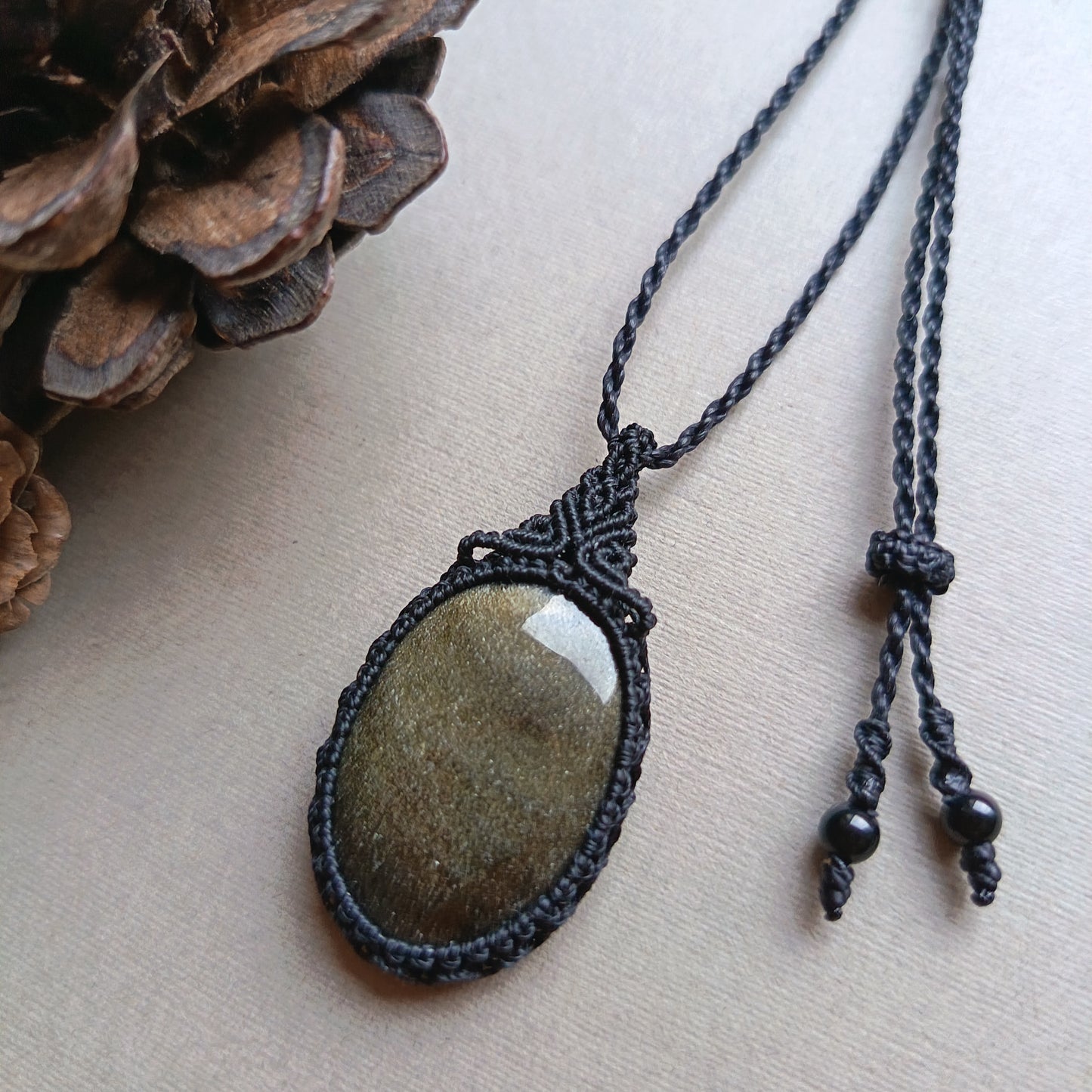 Golden Sheen Obsidian Macrame Necklace | Pendant size approx 4.3 cm