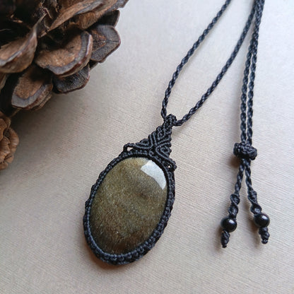 Golden Sheen Obsidian Macrame Necklace | Pendant size approx 4.3 cm