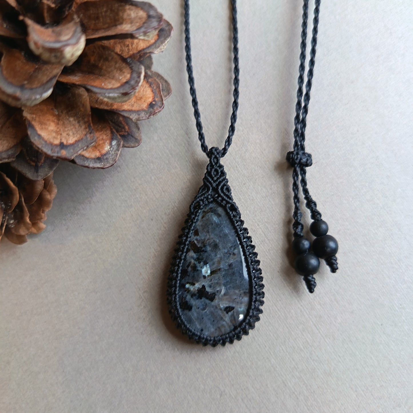 Larvikite Macrame Necklace | Pendant size approx 4.8 cm
