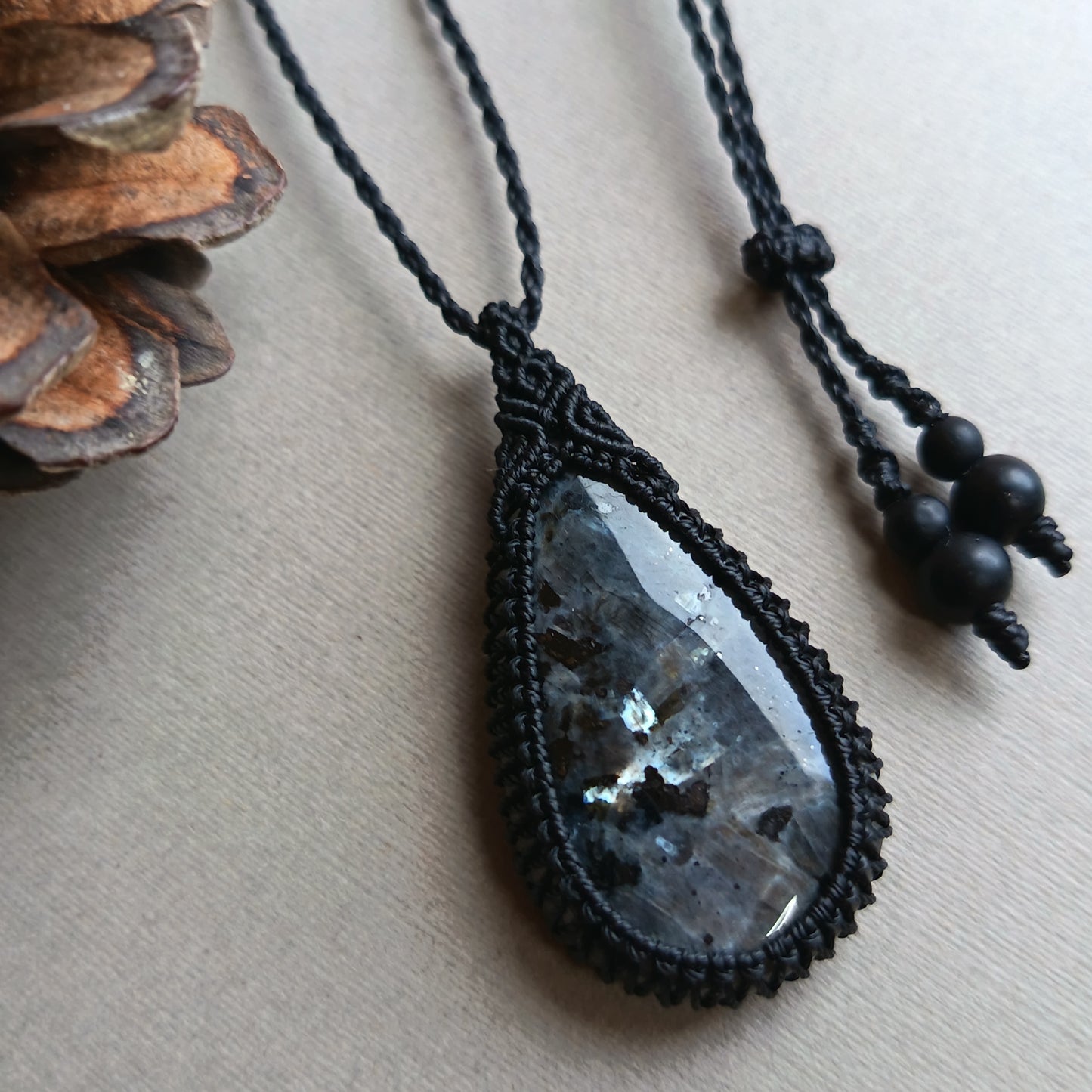 Larvikite Macrame Necklace | Pendant size approx 4.8 cm