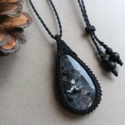 Larvikite Macrame Necklace | Pendant size approx 4.8 cm